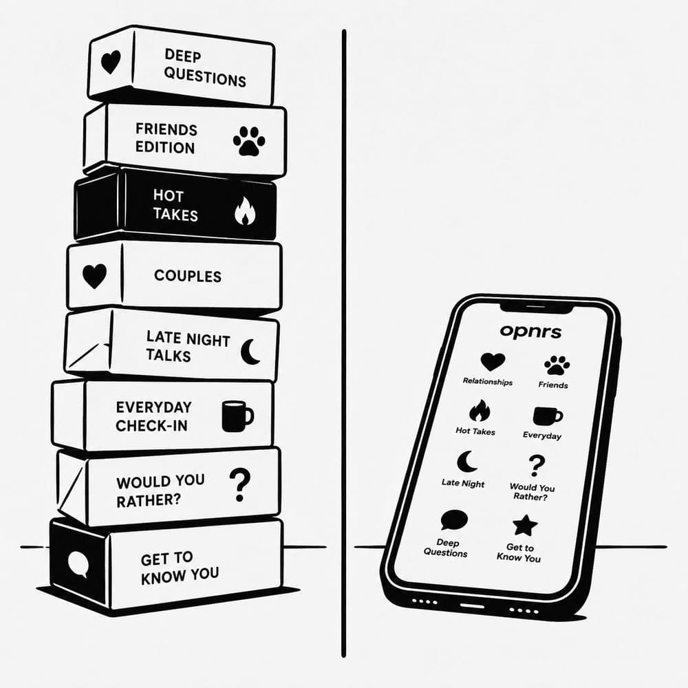 Black and white illustration of card game boxes next to a phone showing the opnrs topic grid